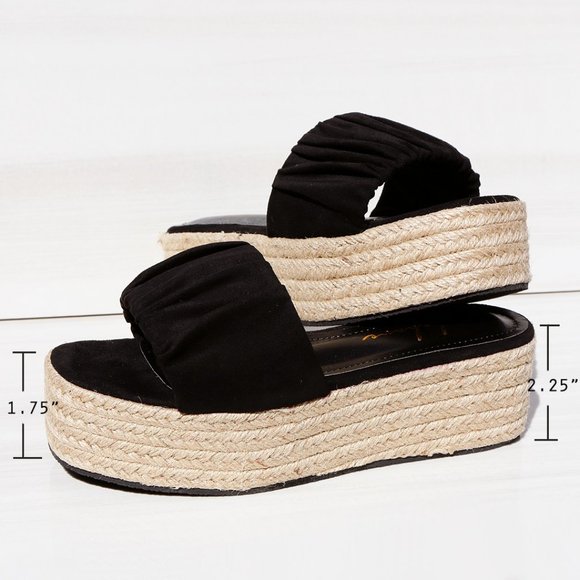NEW Black Ruched Faux Suede Espadrille Slip On Slides Wedge Platform Sandal Shoe - Picture 8 of 10